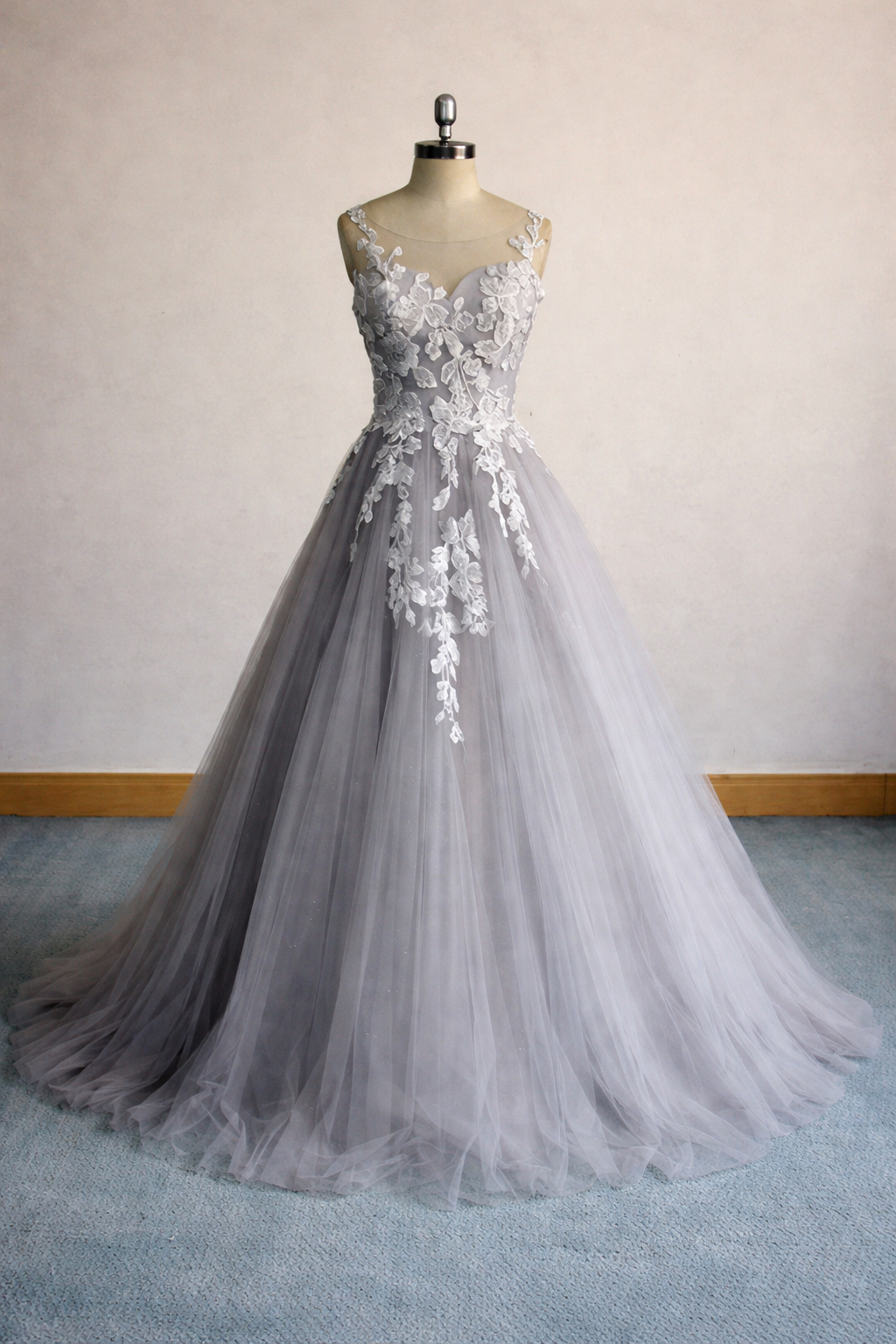 pale grey wedding dress Sweetheart Neck A Line Silver Grey Wedding Dresses with Sweep Train AWD1350