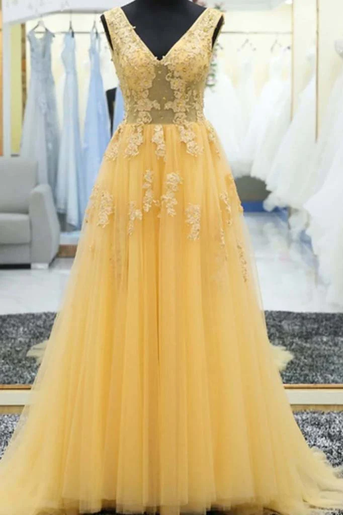 Yellow Satin V Neck Beautiful Appliques Long Prom Dress main image 0