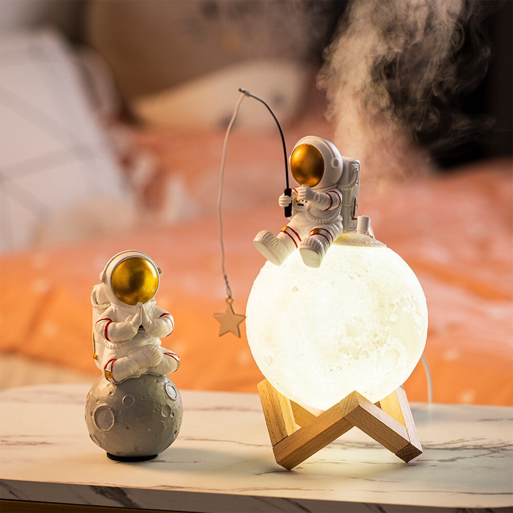 Modern Home Resin Decor Astronaut Fishing Stars Night Light Humidifier ...