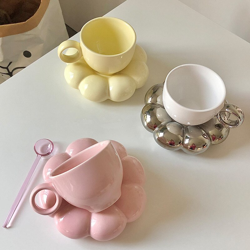 Flower Ceramic Coffee Cup Saucer Reusable Creative Home Decorative Cup Breakfast Drinking Latte Tea Cup Set