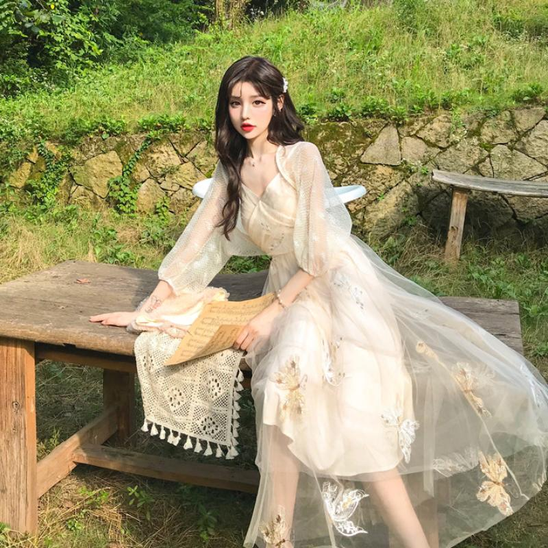 Butterfly Embroidered Vintage-style Lace Fairy Dress , Long Prom Dress ...