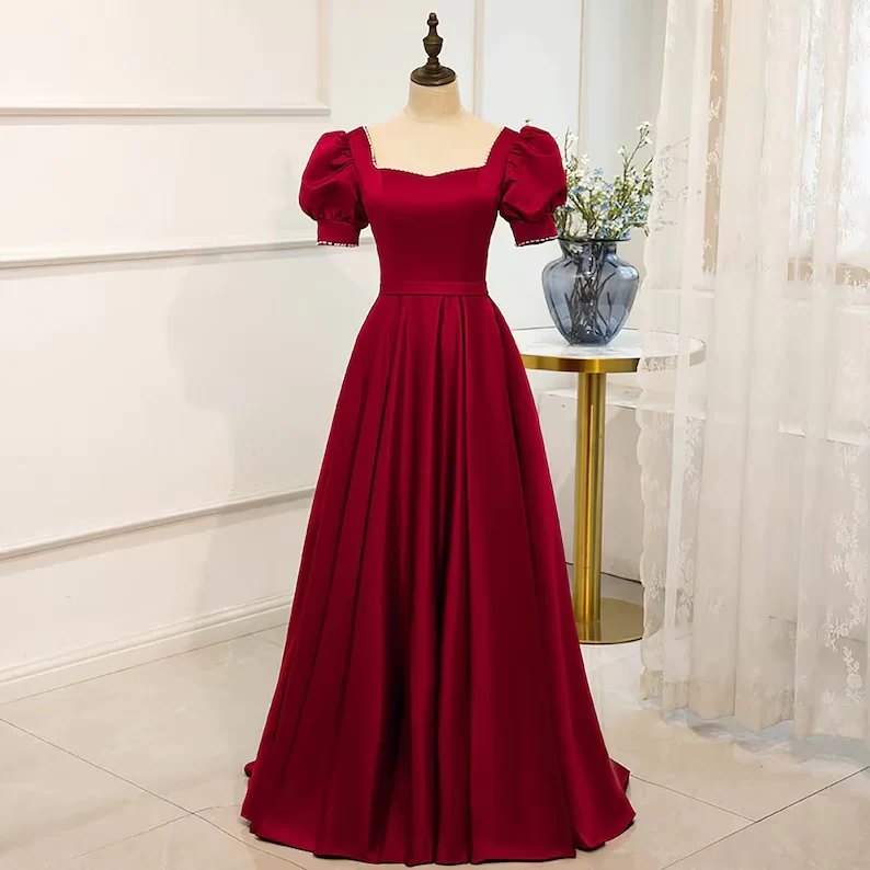 Red Satin Prom Dress Red Dress Puff Sleeve Victorian Dress