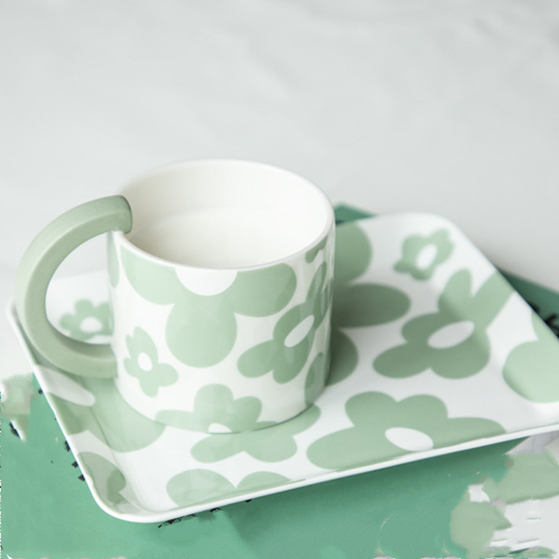 Ceramic Coffee Cup And Saucer Set Korean Style Small Green Flower