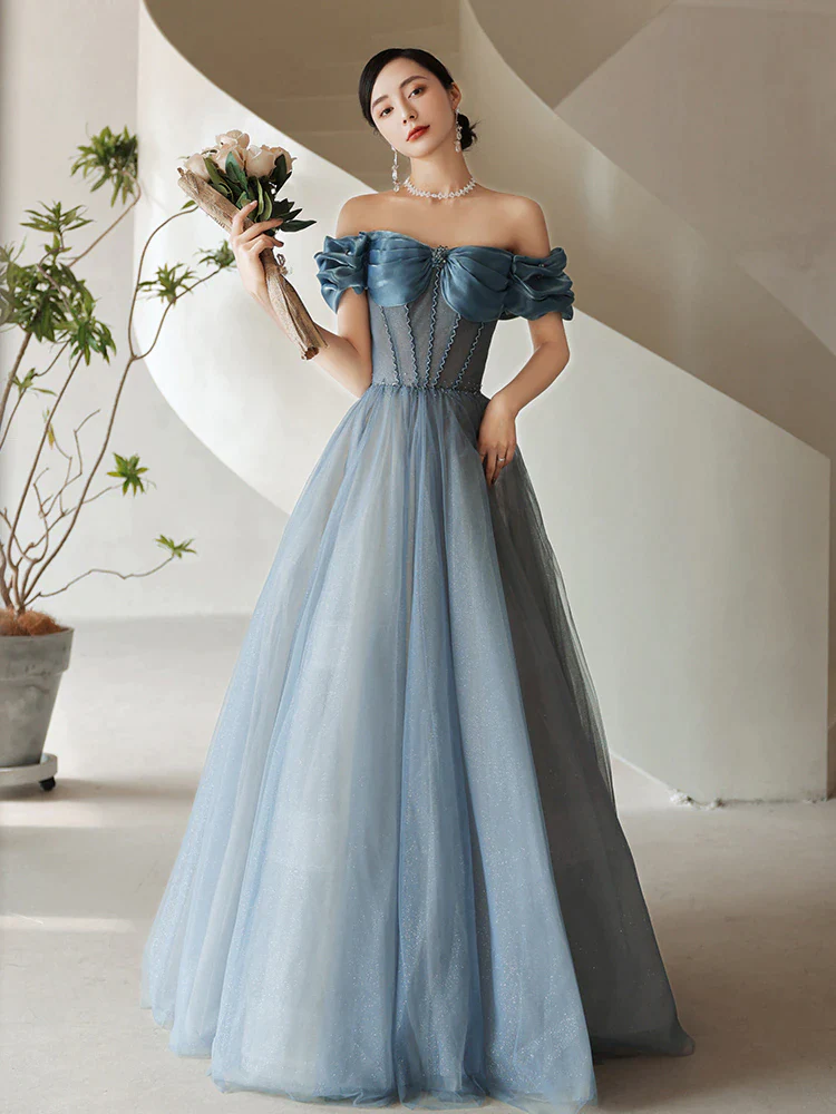 Fashion Women Evening Dress Floor Length Grey Blue Boat Neck Elegant A ...