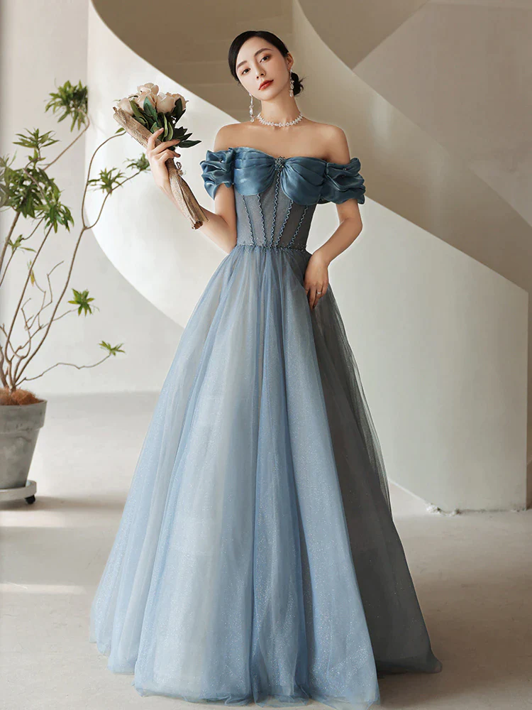 Kateprom Fashion Women Evening Dress Floor Length Grey Blue Boat Neck Elegant A Line Dress Long Prom Dress