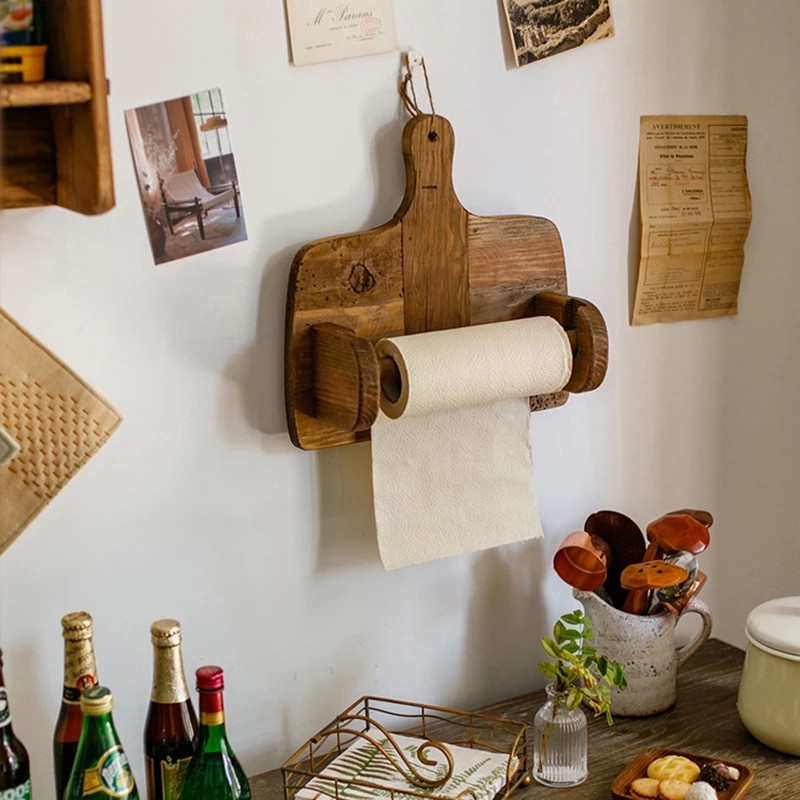 Vintage Wooden Tissue Holder Roll Paper Rack Shelf Kitchen Napkin Storage Support Stand