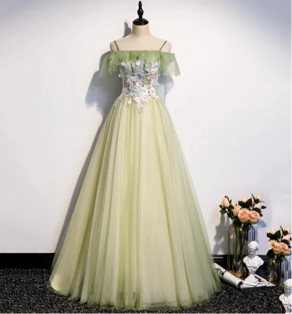 Light Green Pleated Floral Embroidery Long Prom Dress Medieval Renaissance Gown