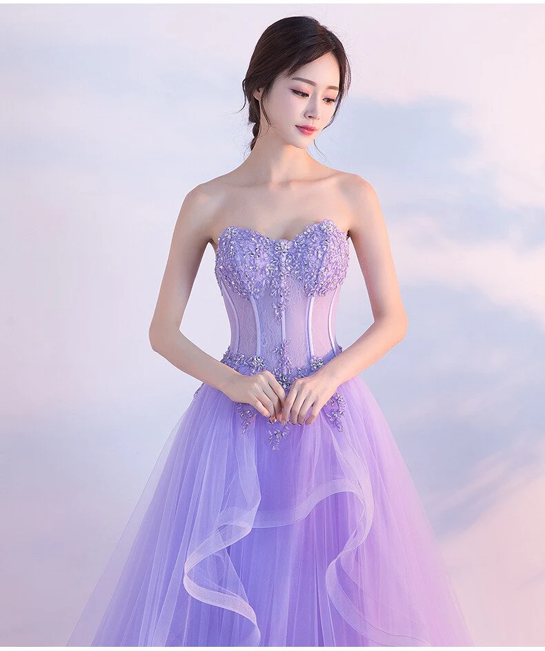 Lilac Sweetheart Tulle Prom Dress Beaded Sequined Princess Prom Dress