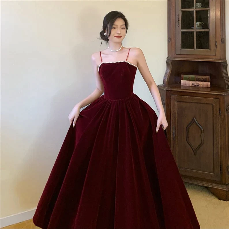 Dark Burgundy Spaghetti Straps Dress Women Prom Dress Birthday Party Dress Event Gown Dress