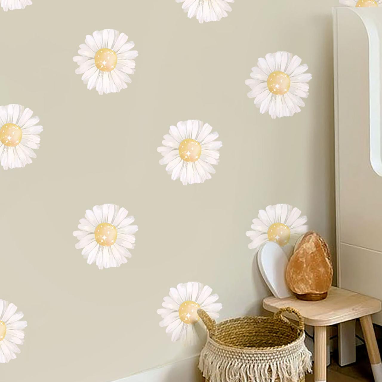 White Daisy Wall Sticker Fabric Waterproof Wall Decal Peel and Stick Art Decoration