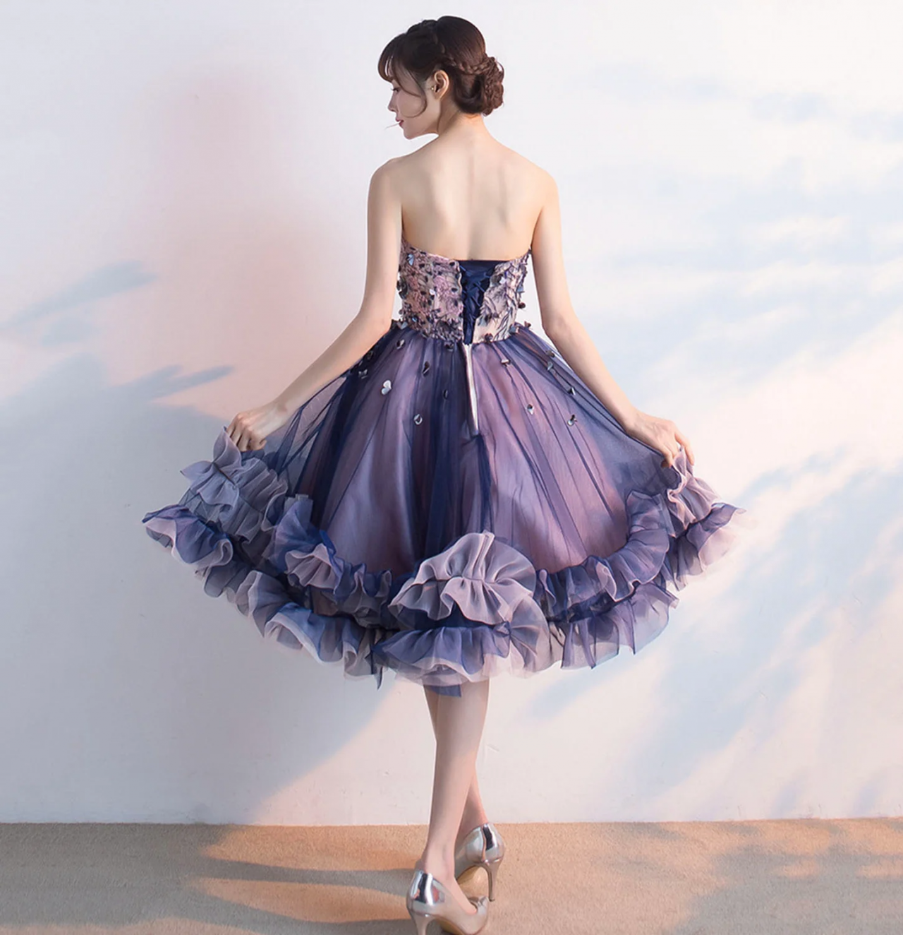 Vintage Light Purple Tulle High Low Floral Homecoming Dress main image 1
