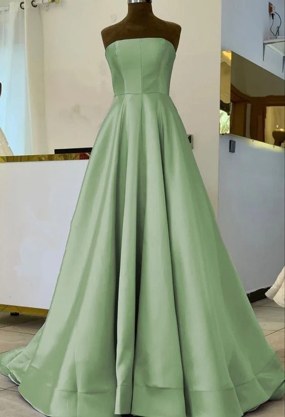 Simple Sage Green Satin Prom Dresses Strapless Floor Length Formal Prom