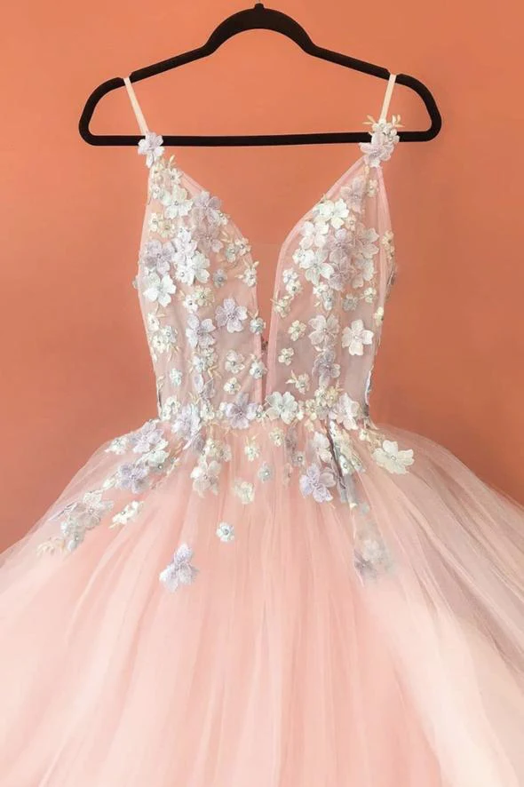 Pink V Neck Appliqué Long Prom Dress Evening Dress