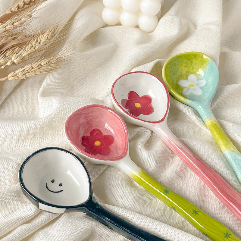 Cute Ceramic Flower Soup Spoon Kawaii Korean Ice Cream Hand Painted Dessert Spoon With Long Handle