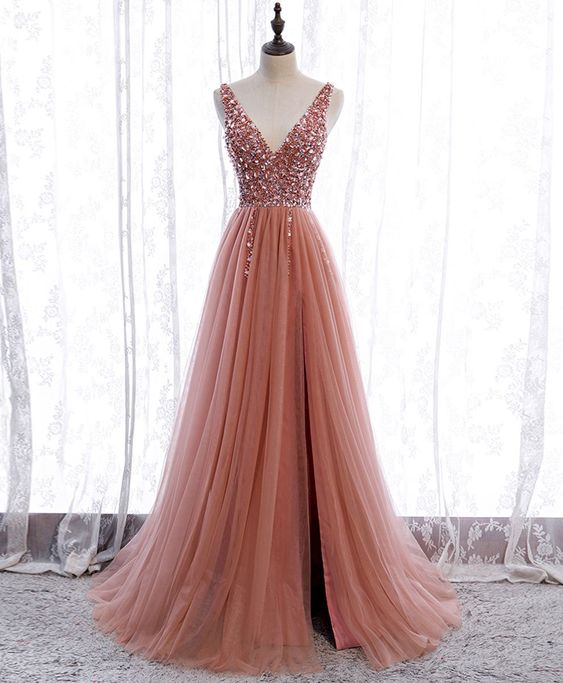 Pink V Neck Tulle Sequin Long Prom Dress Pink Formal Dress on Luulla