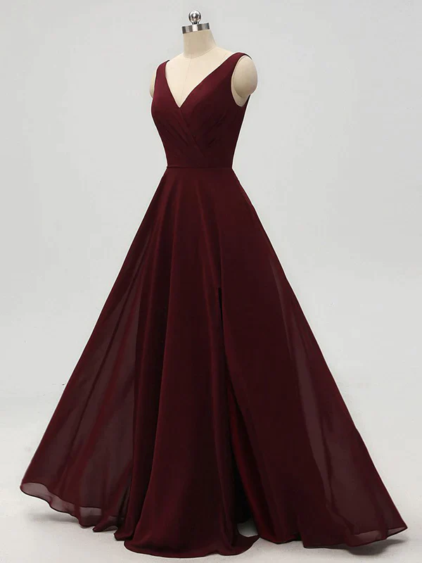 Burgundy Chiffon Sheath V Neck Long Evening Dresses