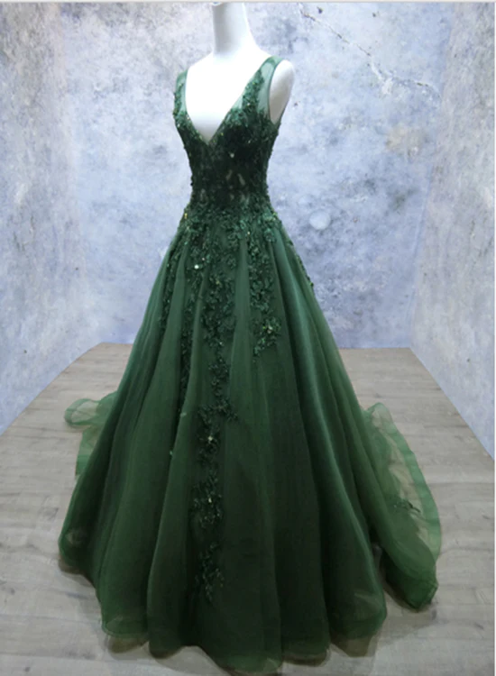 Dark Green VNeckline Lace Applique Low Back Formal Dress, Green Tulle