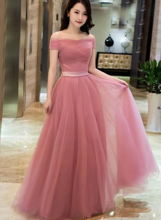 A-line Pink Floor Length Party Dress Prom Dress, Pink Off Shoulder Formal Dress