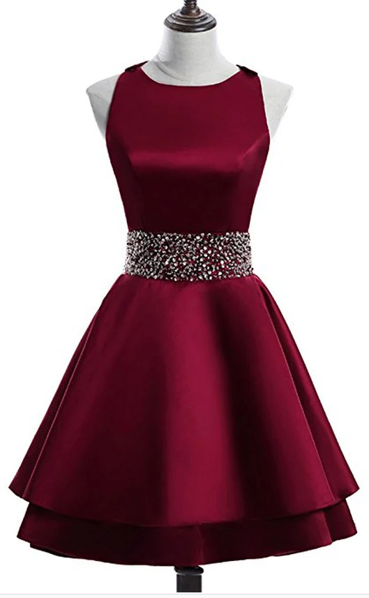 Dark Red Satin Short Two Layered Homecoming Dress, O-neckline Party Dress, Short Formal Dress