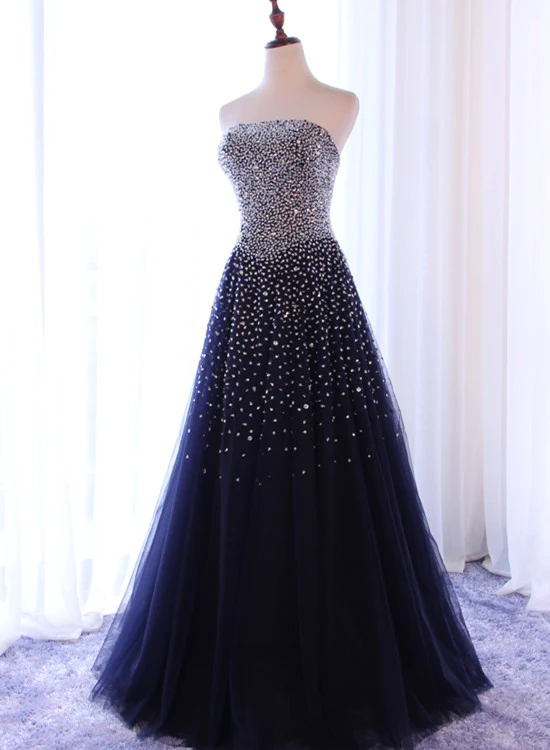 Sparkly Ball Gown Sweehteart Navy Blue Glitter Tulle Long Prom Dress