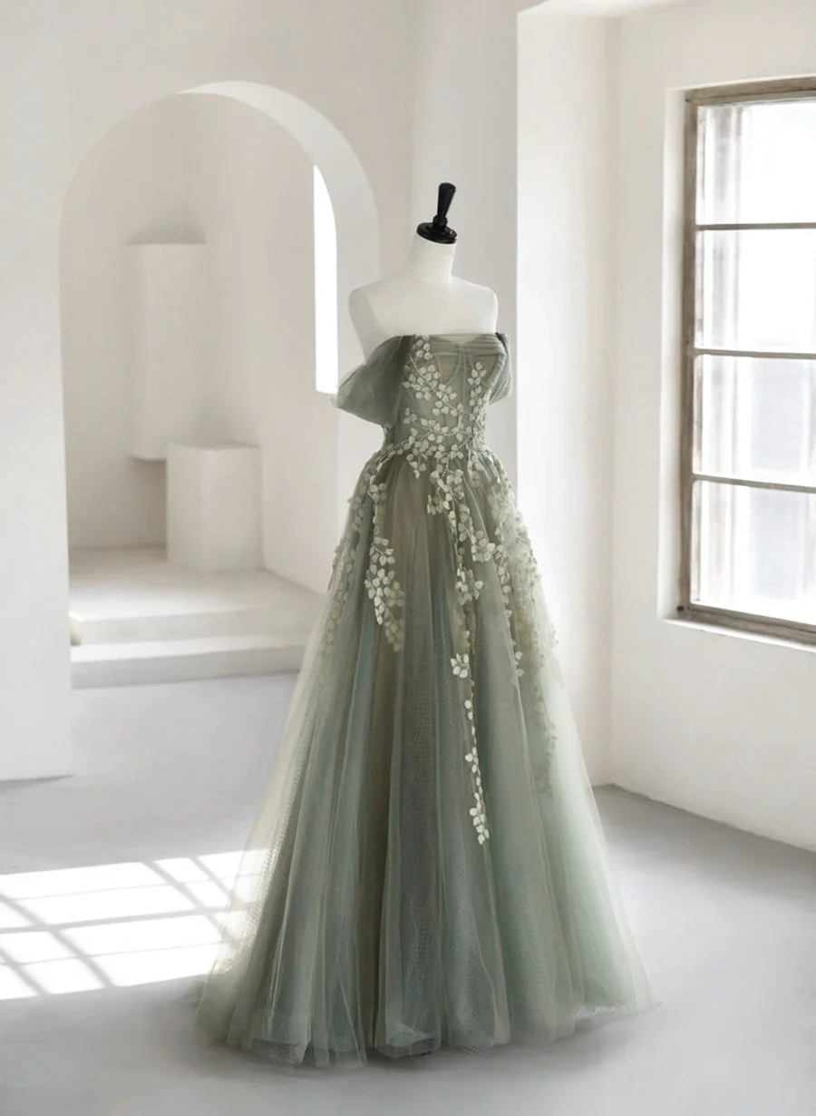 Tulle Fit Slim Long Open Green Dress Side Blackish Print main image 1