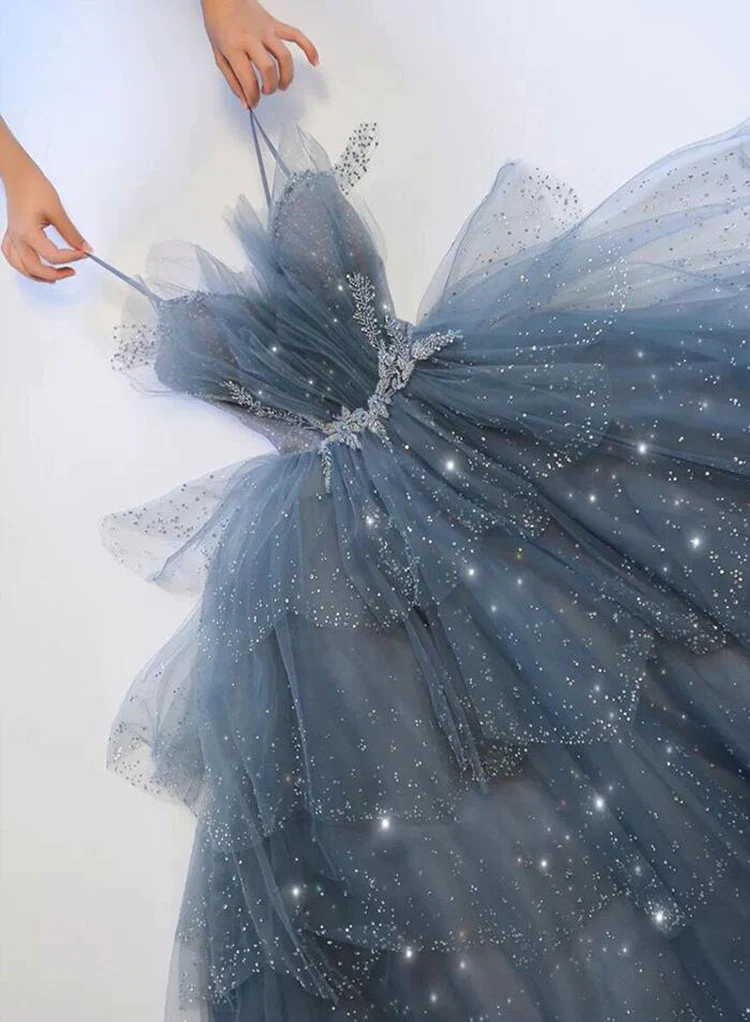 blue shiny prom dress Off the Shoulder Shiny Blue Long Prom Dresses Formal Dress PSK379 US4 / As Picture