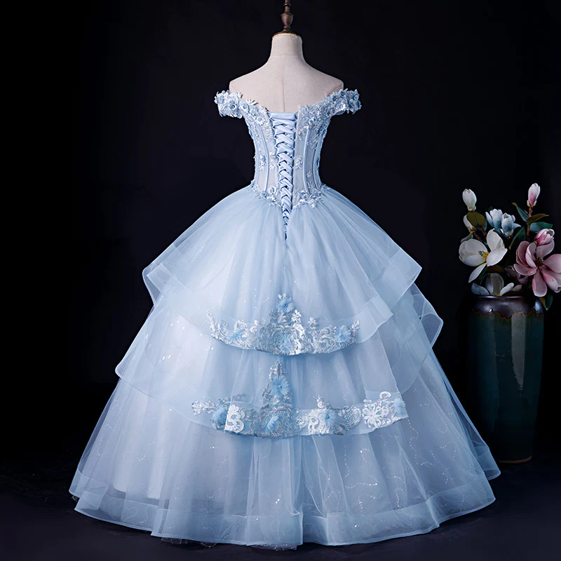 Blue Off The Shoulder Lace Tulle Ball Gown,Sweet 16 Dress Y6855