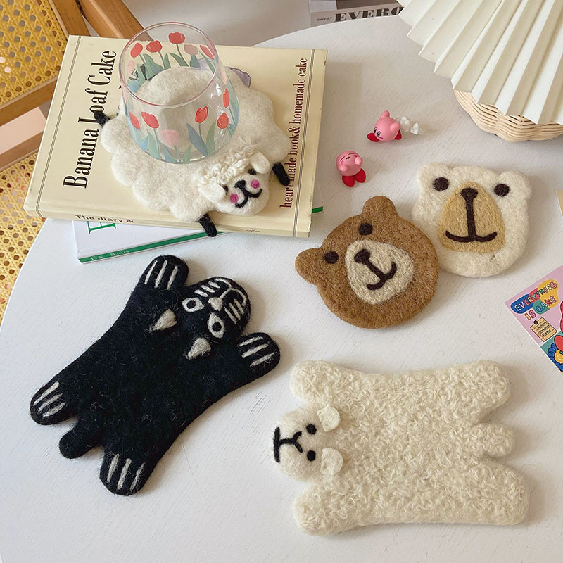 Cute Round Animal Wool Cup Coaster Kitchen Tableware Tea Dining Resistant Pad Mat Table Decoration Placemat