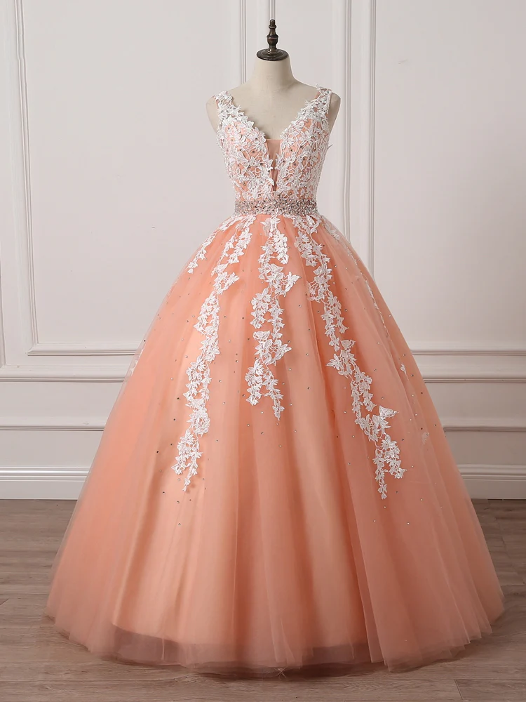 Pleated V-neck 3/4 Sleeves Applique Chiffon Dress Coral