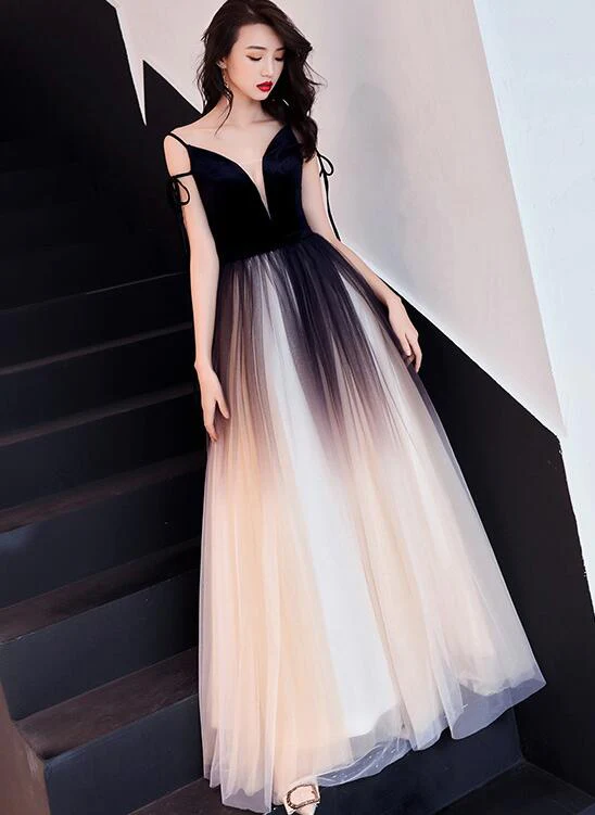 Charming Black Gradient Tulle And Velvet Long Party Dress,black Party Dress