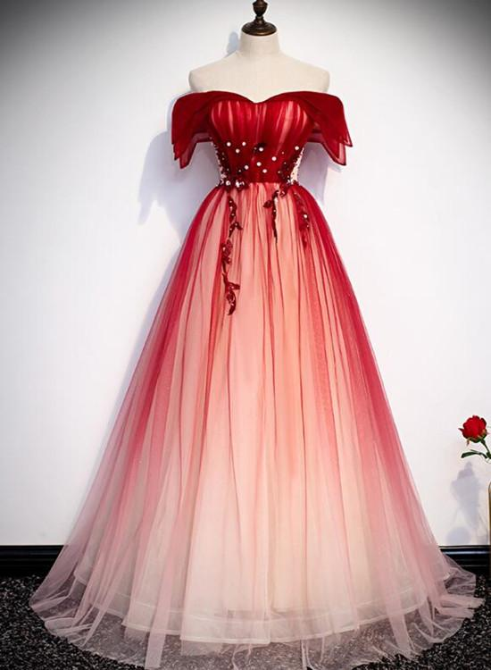 Beautiful Long Red Off Shoulder Tulle Gradient Party Dress, Prom Dress