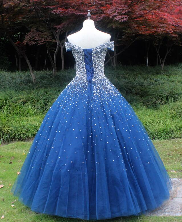 Beautiful Blue Tulle Long Sweetheart Beaded Party Dress, Blue Formal Dress