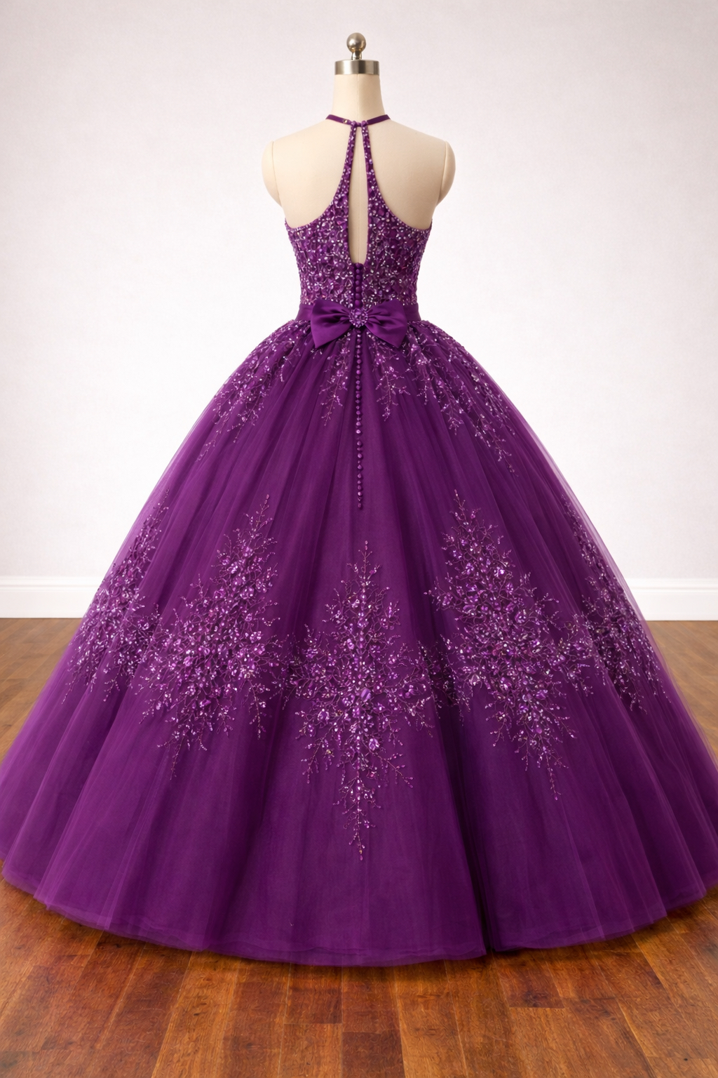 purple beaded halter dress Royal Ball Gown With Crystal Embellished Bodice And Bow Waist Detail Ball gown
