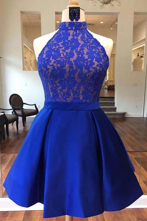 Royal Blue Halter Satin Short Prom Dresses Homecoming Dresses