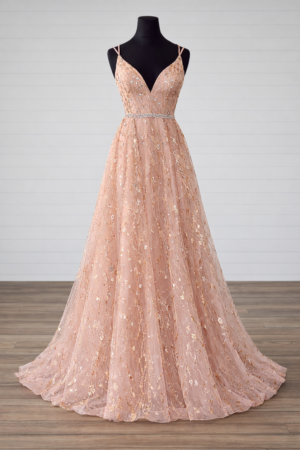 light pink glitter prom dresses Blush V Neck Tulle Dress With Spaghetti Straps And Crystal Waistband on Luulla Fabric_Jacquard