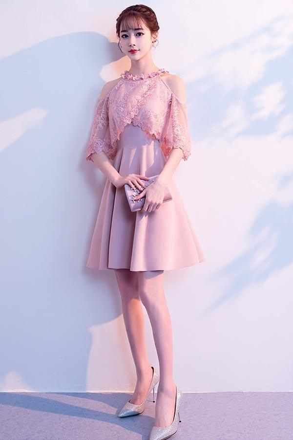 Pink Homecoming Dresses, Satin And Lace Lovely Dress With Belt, Cute Party Dresses main image 0