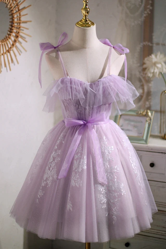 Sweet Purple A-line Short Prom Dress Homecoming Dress With Ribbon