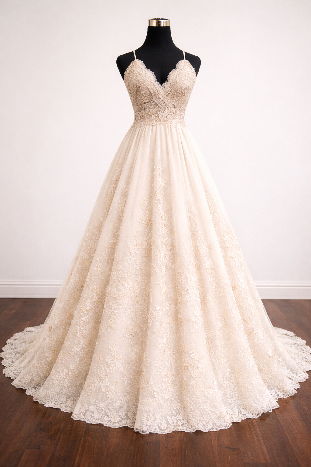 tulle a line wedding dresses A Line V Neck Champagne Lace Prom Dresses, Champagne Lace Formal Gradu –  jbydress main image 1