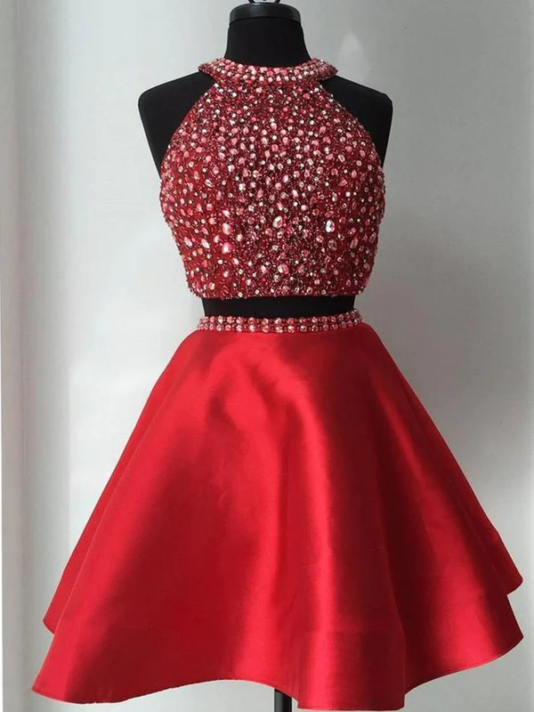 A-line Halter Mini Satin Red/royal Blue/purple Two Piece Homecoming Dresses  With Rhine Stones on Luulla