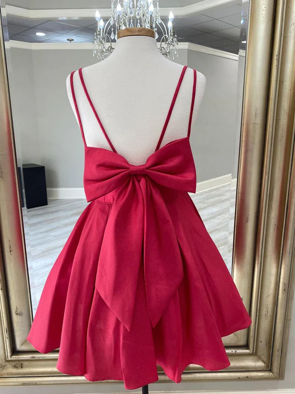 Simple Satin Spaghetti Straps Backless Bowknot A-line Homecoming Dresses