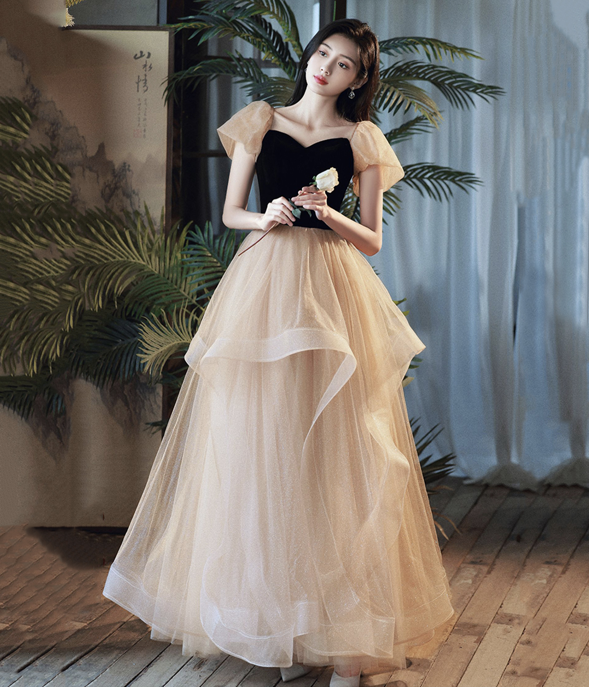 Cute Velvet Tulle Short Prom Dress, A-line Short Sleeve Evening Dress