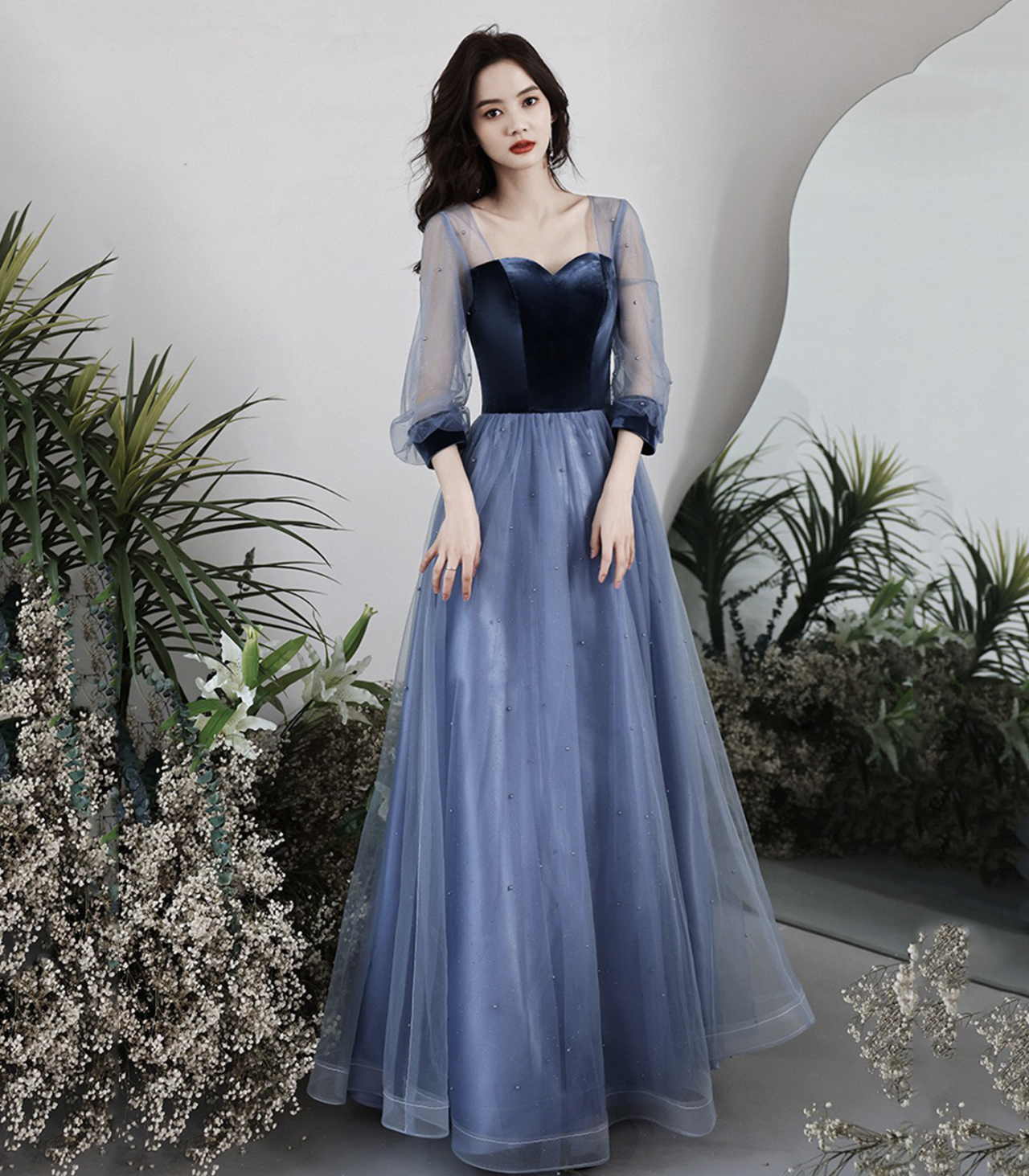 Blue Velvet Tulle Long Prom Dress, Beautiful Long Sleeve Evening Dress