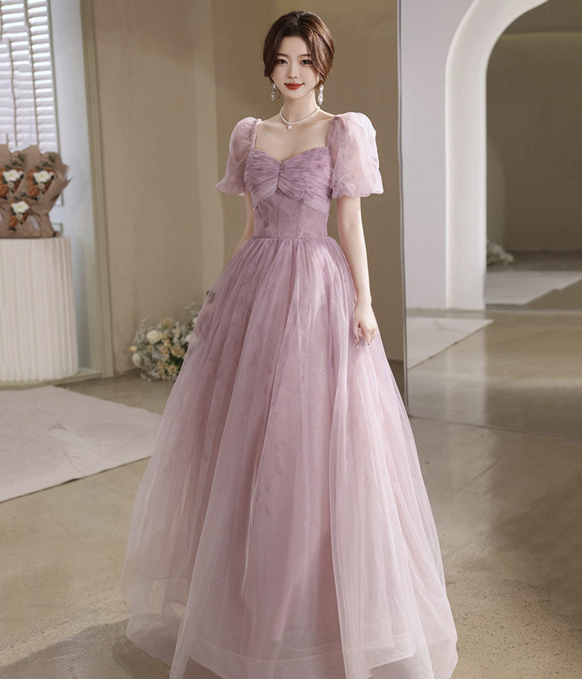 Pink Tulle Long A-Line Prom Dress, Cute Pink Evening Party Dress US 14 / Pink / D