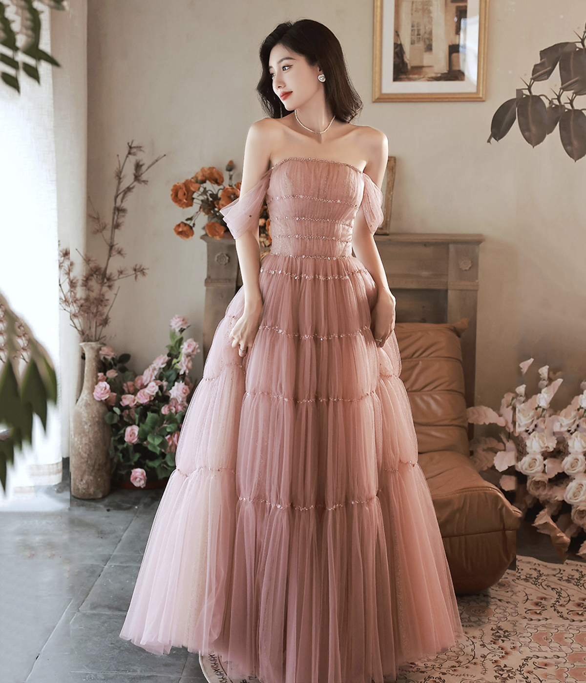 Pink Tulle Sequins Long Prom Dress, Cute A-line Off Shoulder Evening Dress