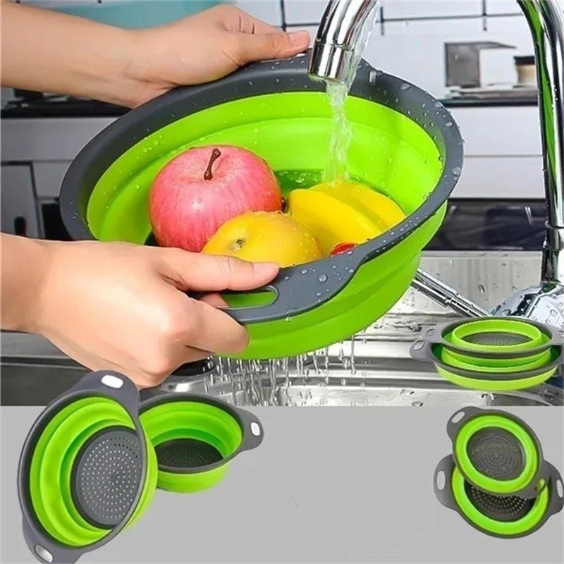 Green Silicone Round Folding Vegetable Fruits Washing Drain Basket Colander Strainer