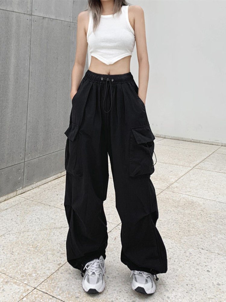 Cheap Y2K Cargo Wide Leg Pants Women Baggy White Trousers Oversize Casual  Female Black Loose Japanese Streetwear Hip Hop