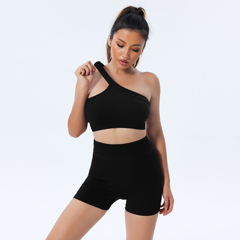 Workout Sets For Women 2 Piece Seamless Sexy One Shoulder Sport Bra High Waist Shorts Yoga Two Piece Outfits