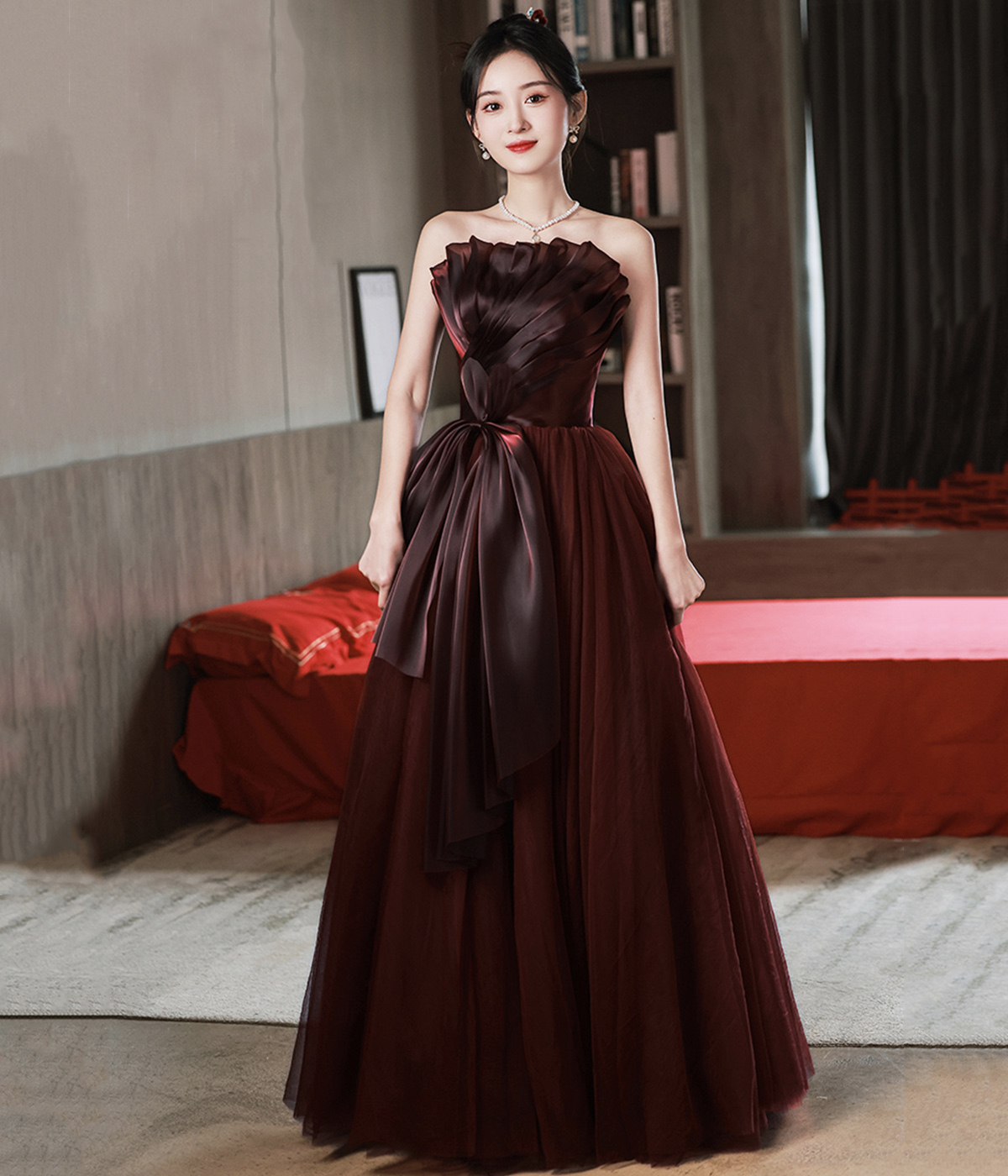 Burgundy Tulle Long Prom Dress, A-ine Strapless Evening Dress