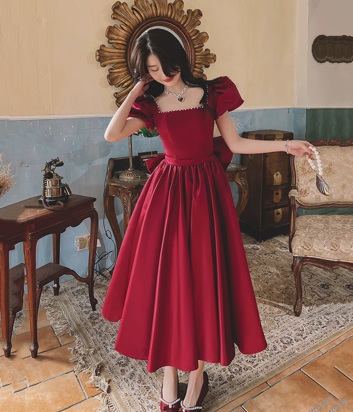 Burgundy Satin Short Prom Dress, Cute A-line Party Dress With Bow