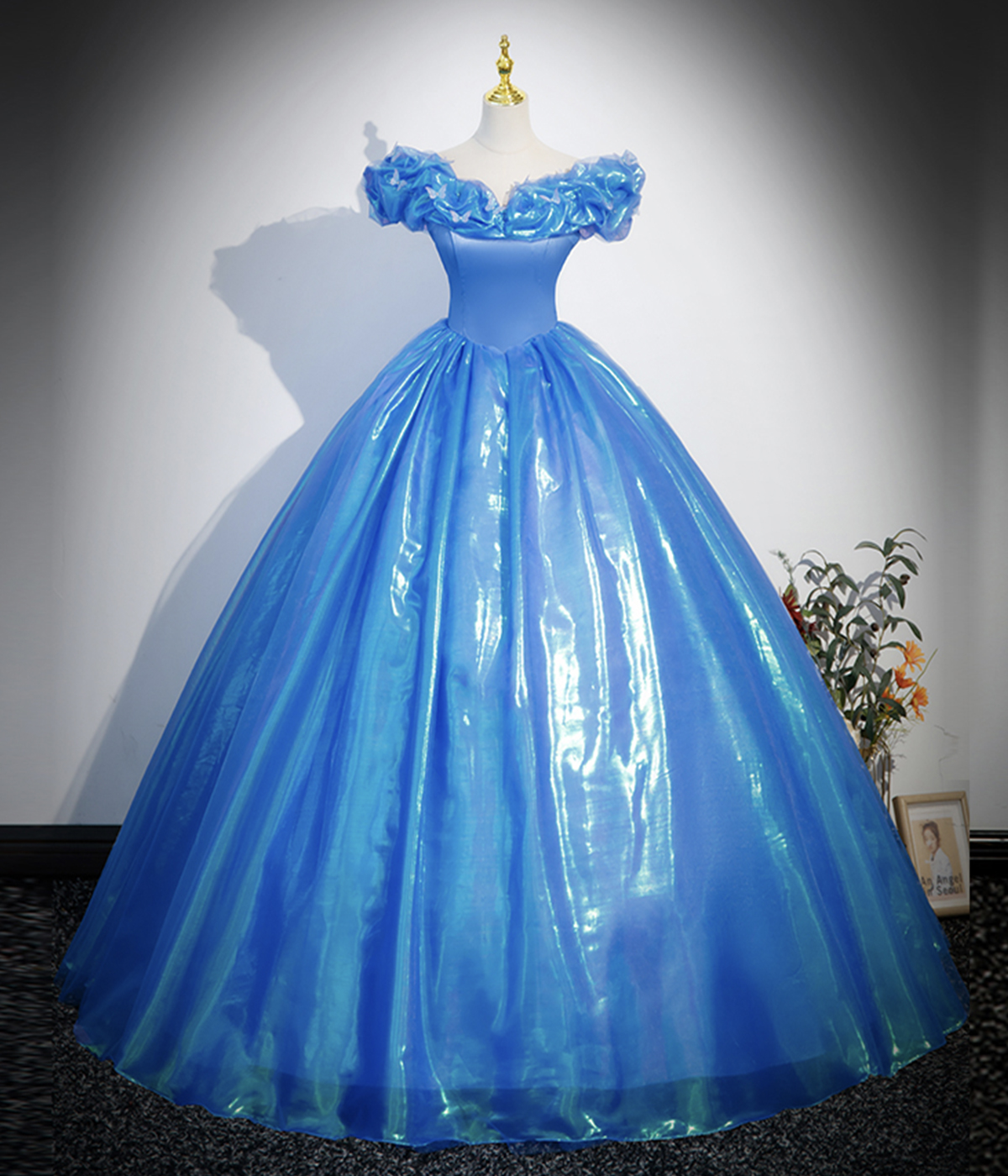 Blue Tulle Long A-line Prom Dress, Off Shoulder Princess Dress